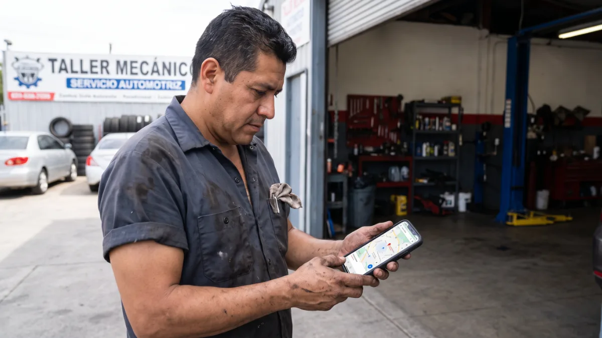 Hispanic mechanic checking his phone in front of his auto shop with Google Maps open on the screen