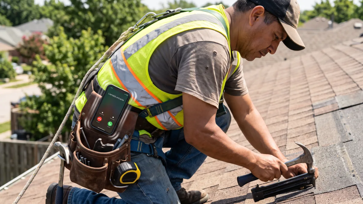 Latino contractor on a roof with his phone ringing on his tool belt
